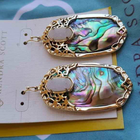 Kendra Scott Deva Earrings Abalone Iridescent Drusy Gold Jewelry - Picture 2 of 5
